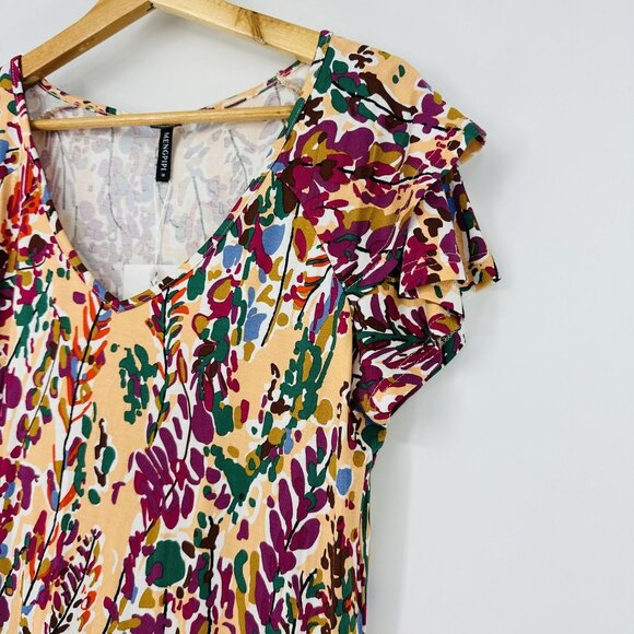 Mengpipi Floral Multicolor Tiered Short Flutter Sleeve V-Neck Top Blouse Size M - Picture 5 of 9